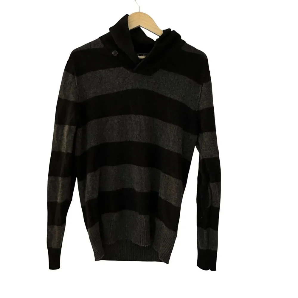 J. Crew‎ Re-imagined Black and Grey Striped 100% Lambs Wool Pullover Sweater M